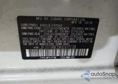 2019 Subaru Crosstrek 2.0I Limited из США, поврежденный, VIN JF2GTANC0K8307138